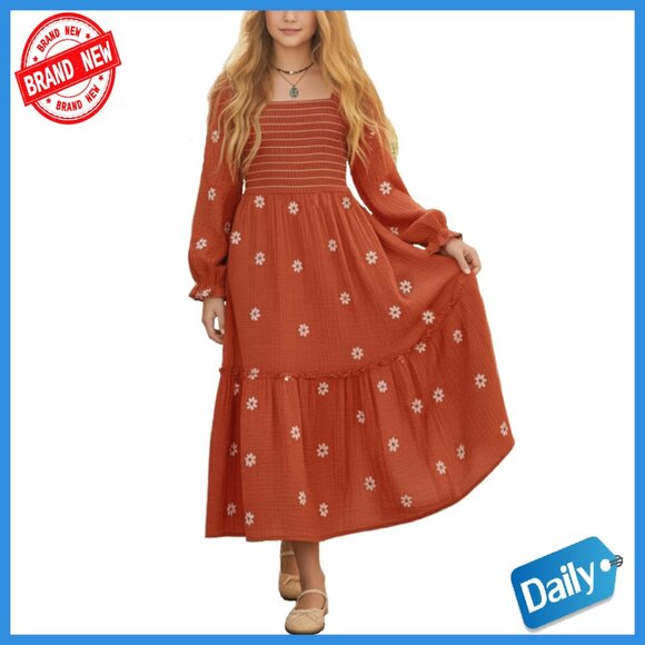 Girls Maxi Dress 100% Cotton Boho Floral Embroidery Smocked Bodice